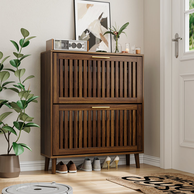 Storage Cabinet, Modern, Shoe Storage, 31.5-Inch Walnut, Medieval Independent, Fence With 2 Flip Drawers