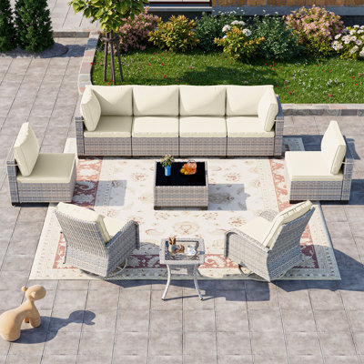 Ensemble de mobilier de patio 10 pièces, ensemble de mobilier d'extérieur avec chaises pivotantes, coussins épais, canapé modulaire, rotin en osier double brin, structure résistante à la rouille,