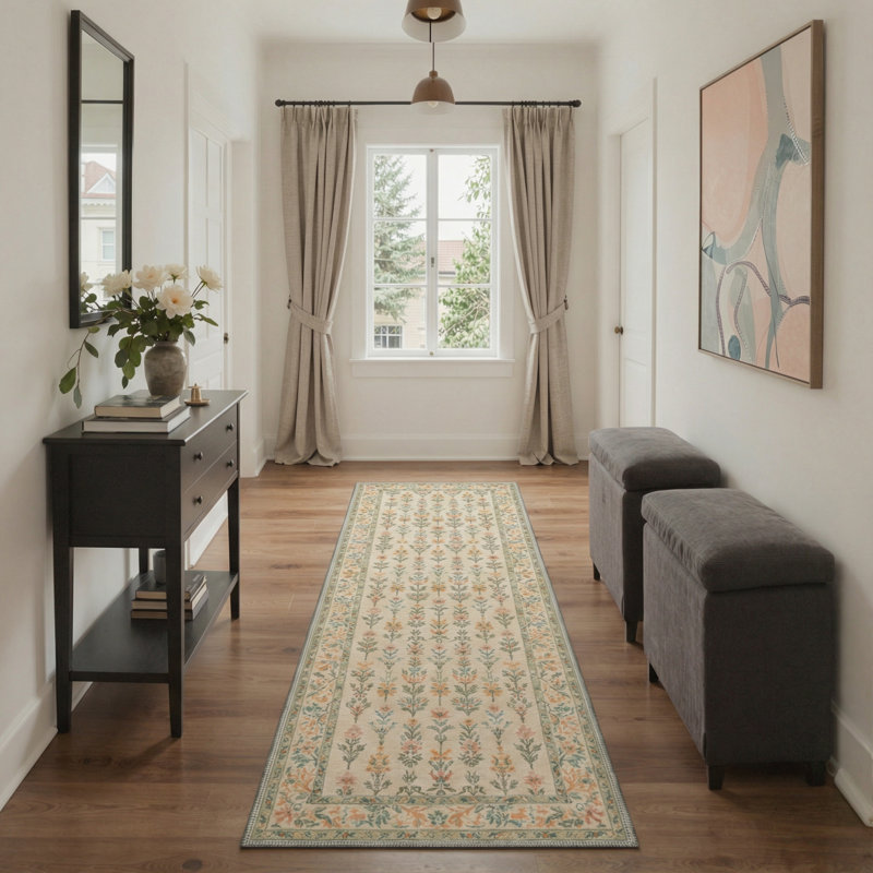 Allsop Aura Vintage Floral Machine Washable Beige / Orange / Green Indoor Area Rug with Non-Slip Backing, Runner 2' x 7'