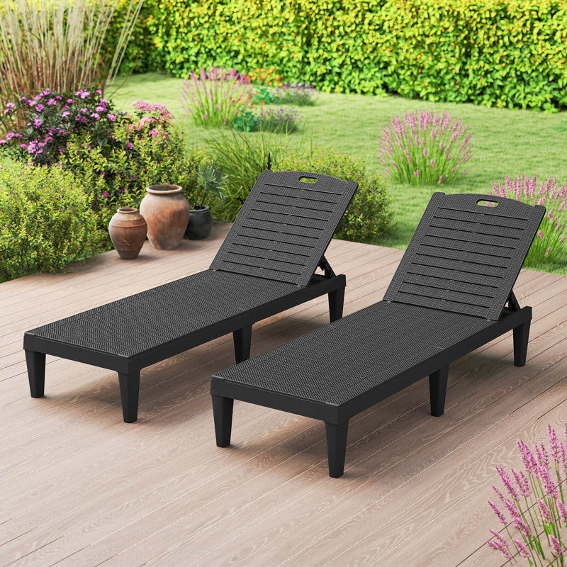 Ensemble de 2 chaises longues avec dossier réglable à 5 positions Assemblage facile, Noir, noir, noir, noir