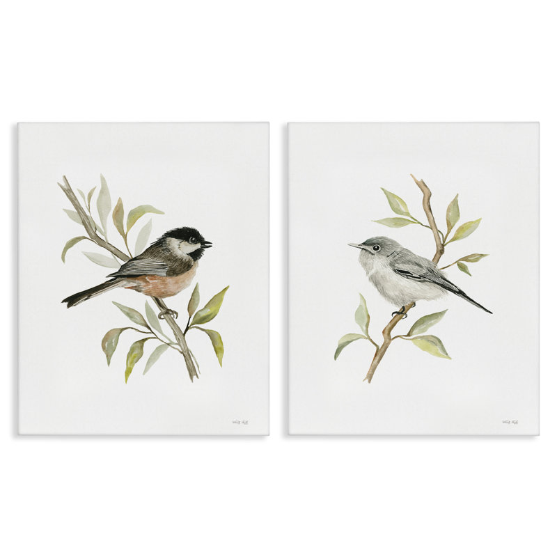 «Small Birds on Branches», ensemble de 2 toiles murales par Cindy Jacobs, H 20 po x l 16 po