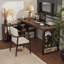 Noyer foncé + bureau en bois massif en forme de L noir + fer-659130314-659130313