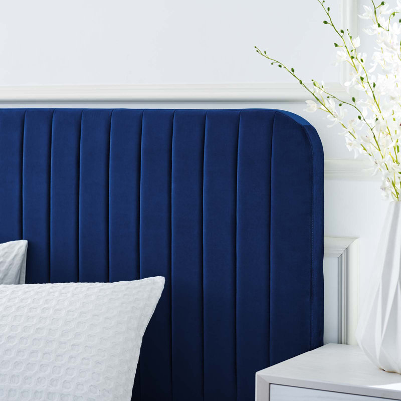 Celine Channel Tufted Performance Velvet Platform Bed, King, Navy