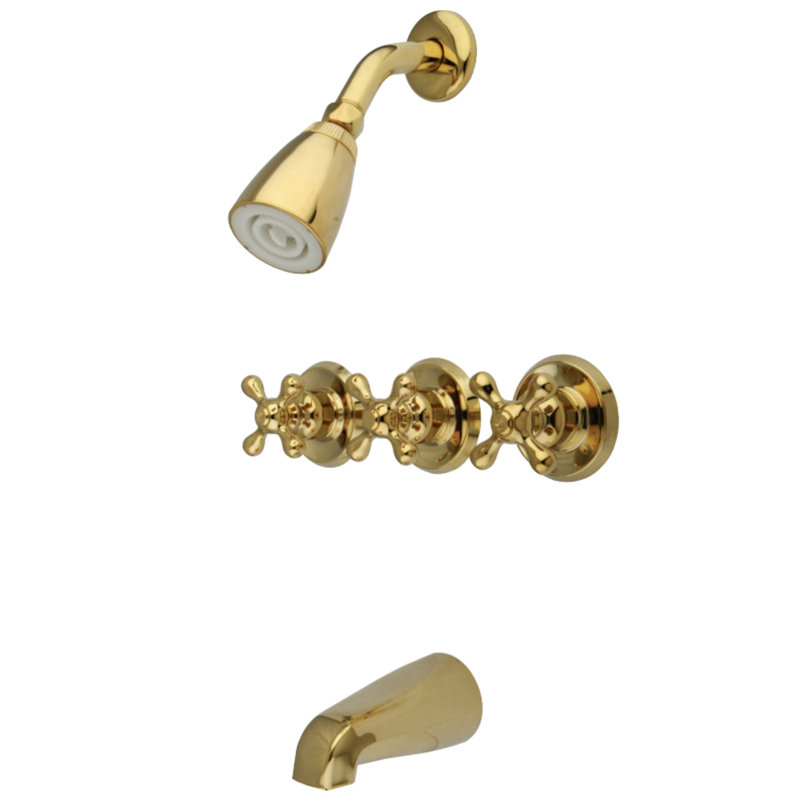 Kingston Brass Victorian Triple-Handle Tub and Shower Faucet, Polished Brass, Cross Handle