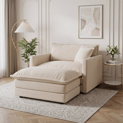 Méridienne rembourrée avec repose-pieds assorti et coussins moelleux, café clair