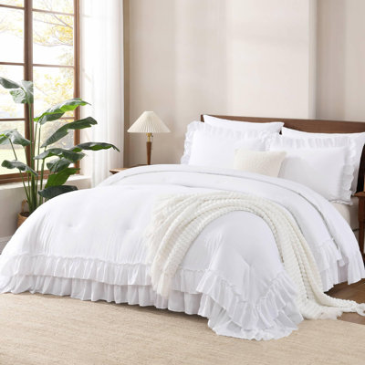 Andency Oversized King Ruffle Comforter Set, 3 Pieces Farmhouse Bedding Set, Lightweight Soft Comforter Set 120x98 for Girls Women (1 Comforter 2 Pillowcases), White