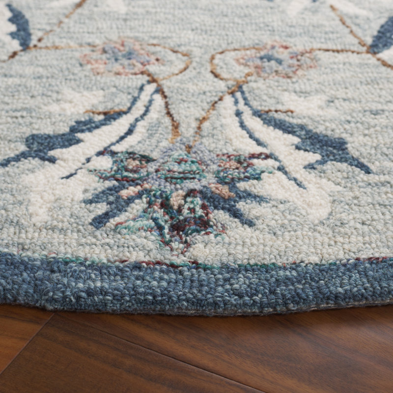 Aavni Hand Tufted Wool/Cotton Performance Floral Rug in Blue, Round 6'