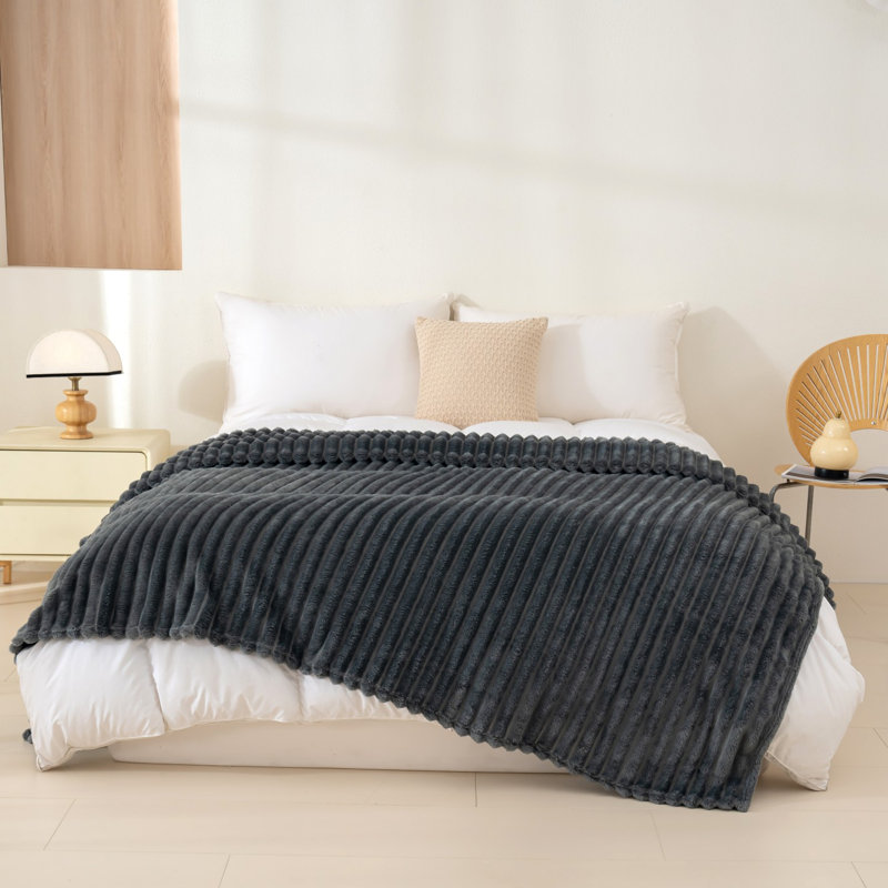 Striped Plush Lightweight Throw Blanket, Ultra Soft & Cozy for Sofa Couch Bed, Machine Washable, Dark Grey, 150cm x 200cm