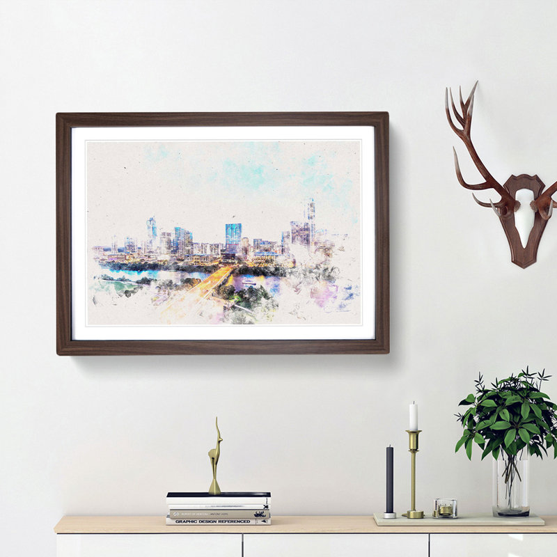 Austin Texas Skyline Watercolour - Single Picture Frame Print on MDF, Walnut Framed, 62cm H x 87cm W x 2cm D