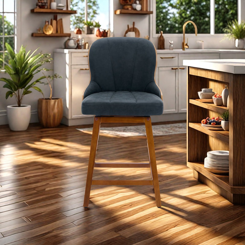 Swivel Bar Stools Set of 2 Mid Century Modern Faux Leather Upholstered Counter Height Barstools,Kitchen Island Wooden Bar Chairs,25-Inch Armless Counter Stools with Wood Back and Legs
