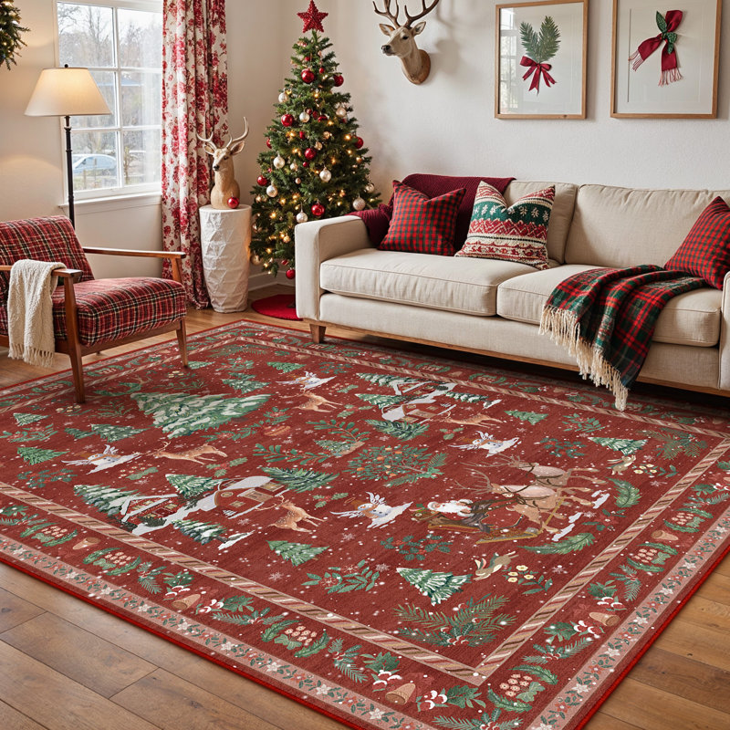 Celie Washable Christmas Area Rug For Living Room With Non-Slip, Rectangle 6' x 9'