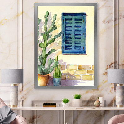 «House Facade With A Window With Turquoise Shutters», reproduction d'art sur toile encadrée