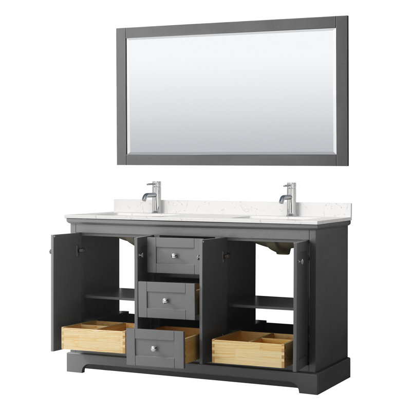 Ensemble de meuble-lavabo double 60 "avec miroir Avery, Marbre de culture de Carrare, Gris foncé, Chrome poli