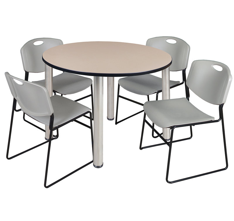 Plateau de table Kee, 4 chaises empilables, Chrome, Acajou