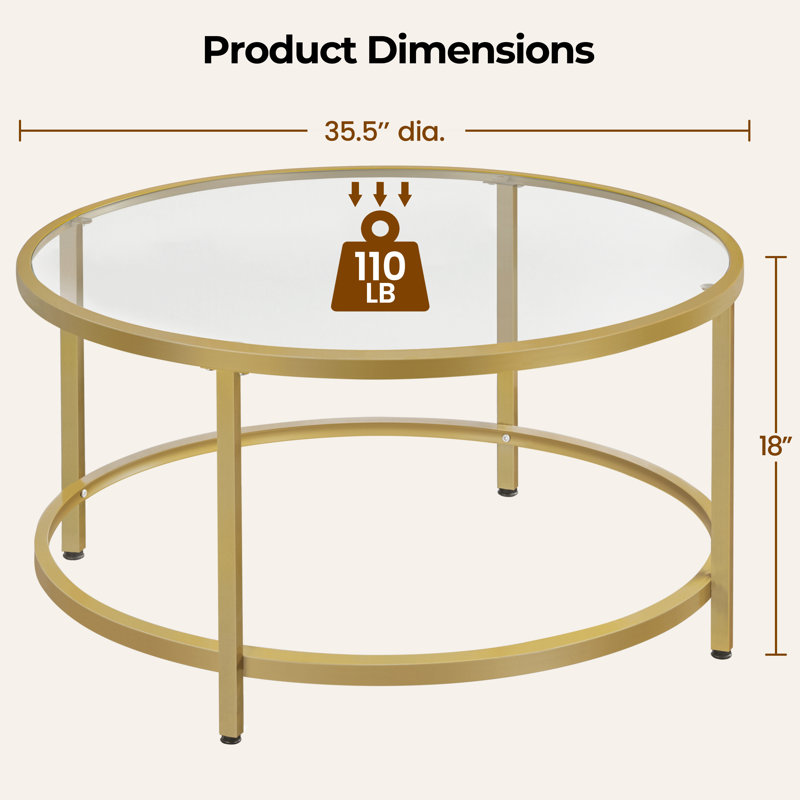 Cellestine Round Glass Coffee Table, Gold, 18" H x 36" L x 36" W