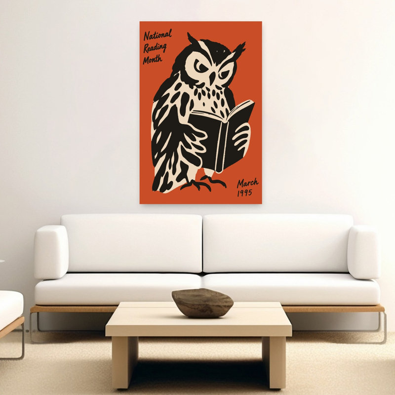 Hibou sage lisant un livre, affiche rétro vintage d'oiseau hibou dans la forêt, H 60 po x l 40 po
