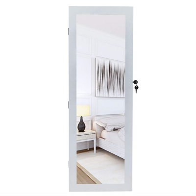 Armoire à bijoux murale avec miroir pleine longueur de 42,5 po, 8 organisateurs de bijoux verrouillables à DEL et rangement avec 2 tiroirs, armoire à bijoux à suspendre, blanc