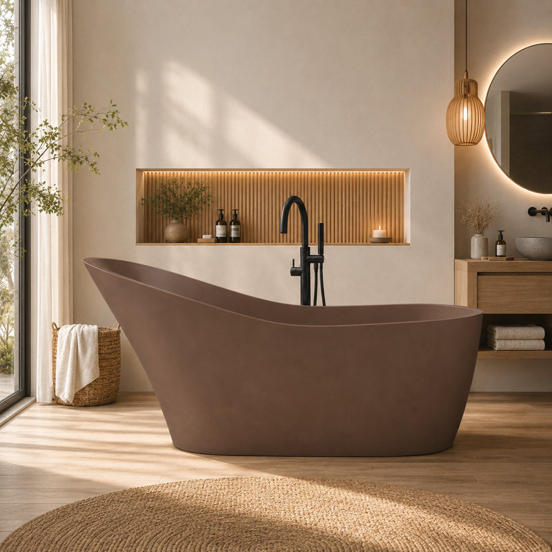 67.3" x 29.7" Brown Concrete Slipper Deep Soaking Freestanding Bathtub, Brown 