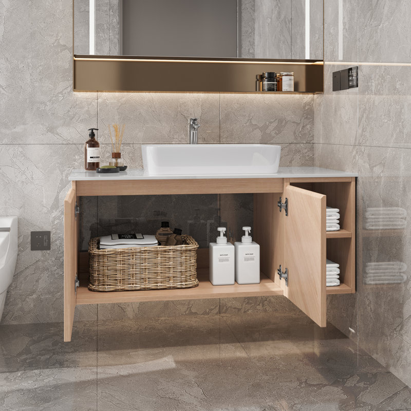 Meuble-lavabo flottant 36 po, meuble-lavabo mural en chêne doux avec lavabo vasque en céramique blanche, tablettes latérales ouvertes et rangement dissimulé, meuble de salle de bain suspendu moderne