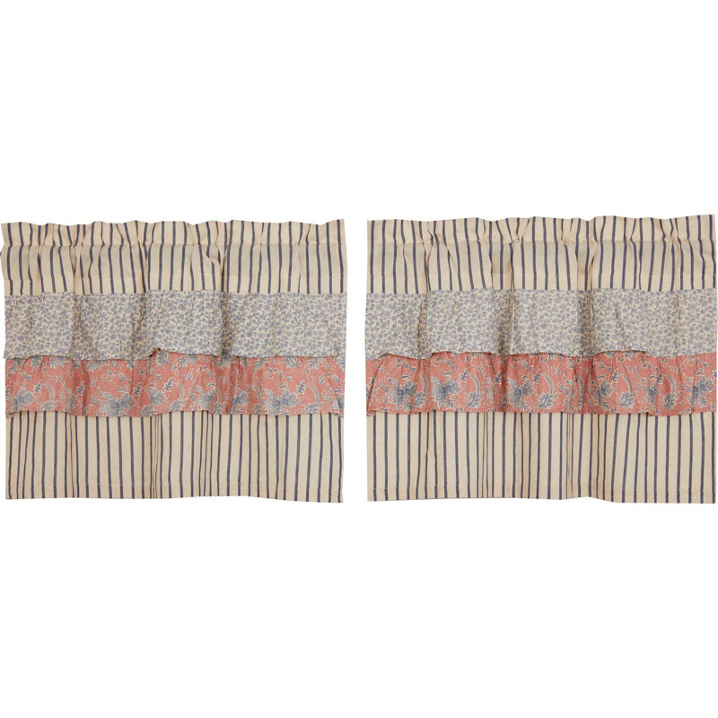 Rideau de café en coton Charla, Bleu marine / crème / vieux rose, l 36 po x L 24 po
