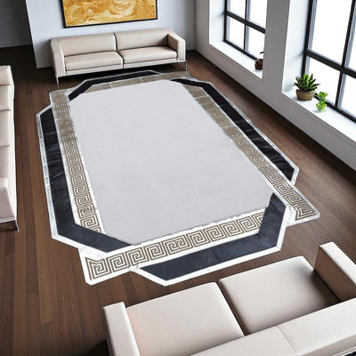 Tapis irrégulier blanc et noir moelleux, tapis en fourrure douce de taille personnalisée, tapis à poils longs à bordure grecque, tapis antidérapant de 9,5 pi x 13,5 pi