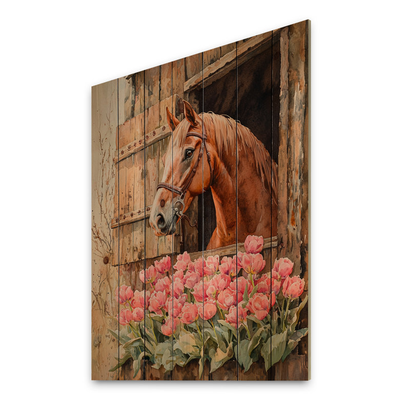 Tulipes et chevaux par la grange I - art mural en bois de tulipes - sur bois de pin naturel, H 20 po x l 10 po x P 0,78 po