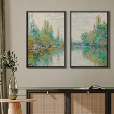 «Tranquil River Impressionist Impressions, scène d'eau réfléchissante, nature sauvage, illustration», 2 pièces