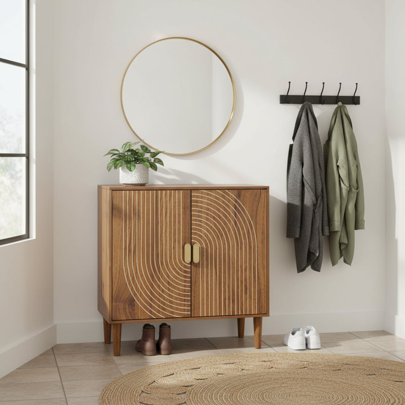Modern 2-Door Shoe Storage Cabinet with Adjustable Shelves, Geometric Line Design for Entryway, Hallway & Small Spaces