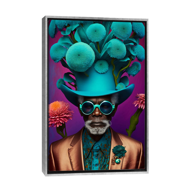 Papy africain rétro futuriste - Champignons VII, Encadrement argenté, H 60 po x l 40 po