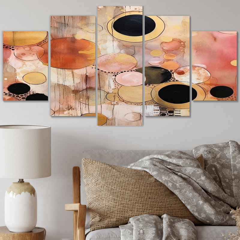 Après-midi de rêves bohème chic rétro rose doré III - art mural moderne sur toile géométrique - 5 panneaux