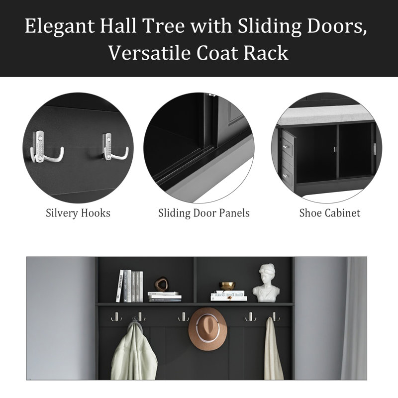 Élégant portemanteau avec portes coulissantes, portemanteau polyvalent avec 6 crochets et poignées argentés, armoire pour vestibule avec rangement pour chaussures et coussin de l 44,4 po pour le couloir et le salon