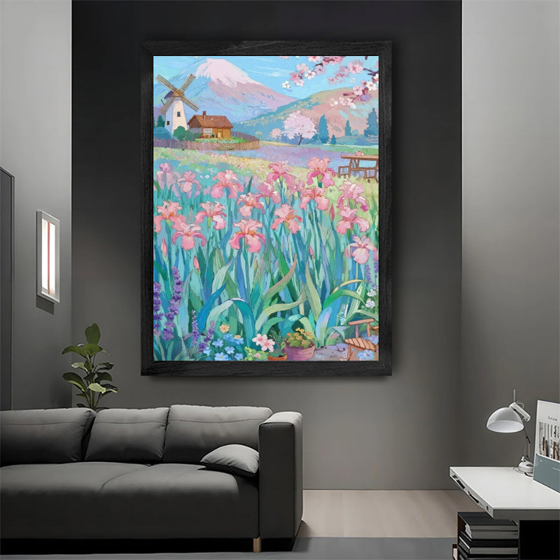 Art mural moderne moderne en bois noir avec fleurs de champ et moulin à vent prêt à accrocher, impression haute définition sur toile
