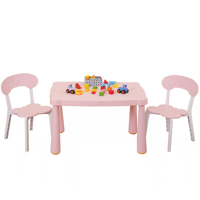 Kids Table and Chair Set, 3 Piece Toddler Table and Chair Set, Plastic Children Activity Tablefor Reading,Preschool,Drawing,Toddler,Playroom(White/Pin