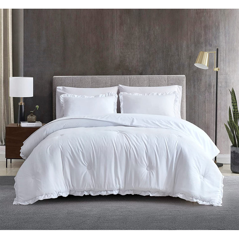 Ruffled Edge Microfiber Bed in a Bag Comforter Set, White, King Comforter + 6 Additional Pieces