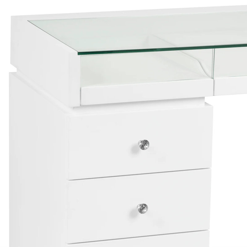 SlayStation Bella Vanity Table with Glass Table Top and 4 Drawer Units Bundle, Crystal Lux Drawer Knobs 