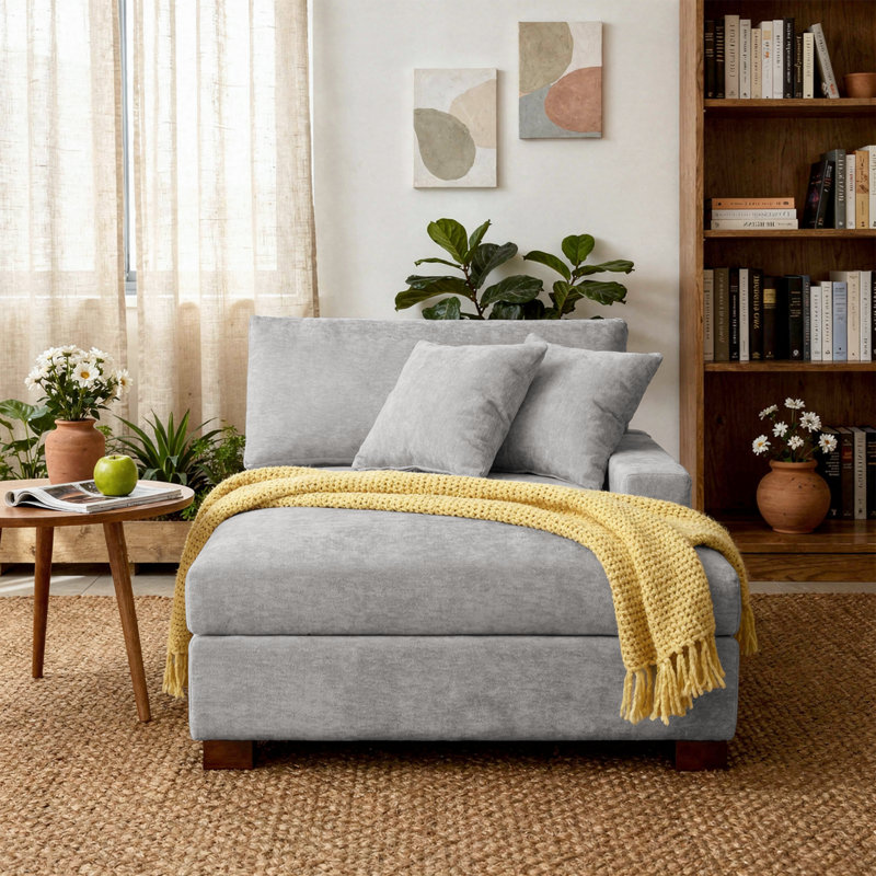 Chaise longue modulaire rembourrée en chenille grise avec accoudoirs et coussins décoratifs, Gris, Face à la droite