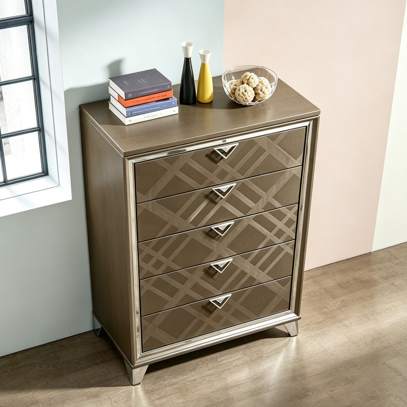 Commode 5 tiroirs en bois massif champagne foncé avec pieds en acrylique transparent