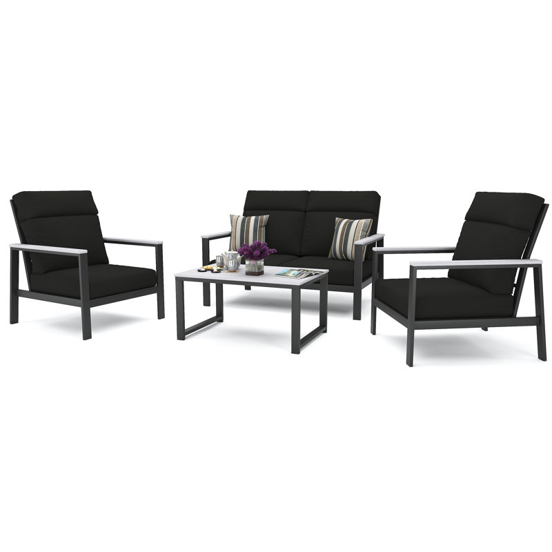 Ensemble de conversation pour 4 personnes avec coussins Sunbrella® Mehar, Toile noire, Gris foncé / Blanc