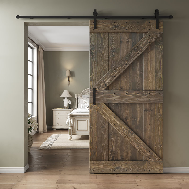 Porte de grange nouée à panneaux en bois et métal K Series, 42 po x 84 po, Gris fumé