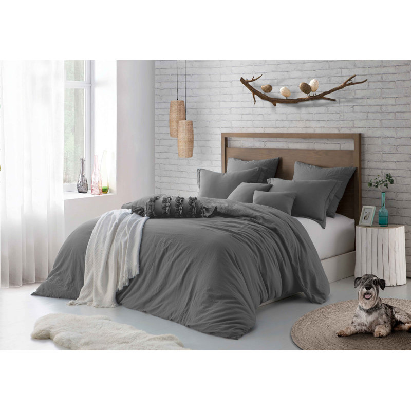 Super Soft Crinkle Washed Microfiber Duvet Cover Set, Twin/Twin XL Duvet Cover + 1 Pillowcase, Charcoal Gray