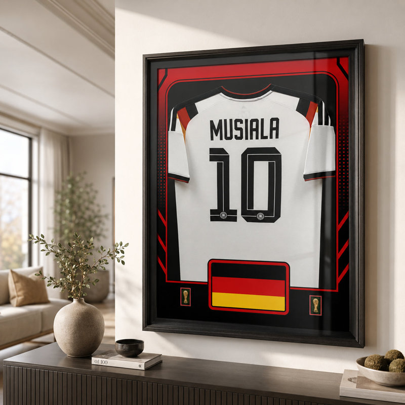 Jamal Musiala encadré 25,75 x 33,75 de la Coupe du Monde de la Fifa, 2026, Allemagne, domicile officiel, réplique du maillot