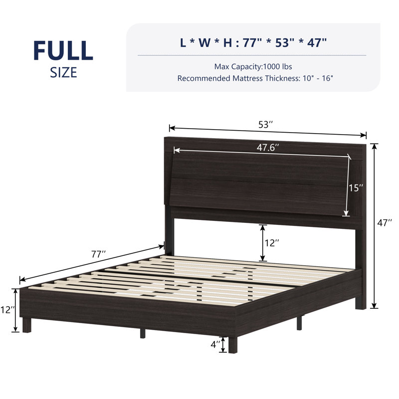 Carnbrock 47" Headboard Full Platform Bed with LED Lights, Black, Black, Full