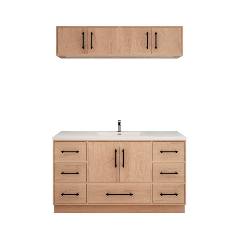 Meuble-lavabo autoportant de 60 po avec lavabo simple en acrylique renforcé Victoria, Chêne rouge