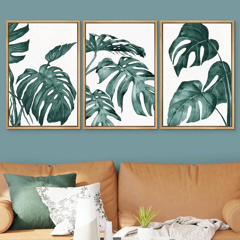 «Green Tropical Monstera Plant Leaves», impression sur toile 3 pièces, Naturel, H 36 po x l 72 po x P 1,5 po