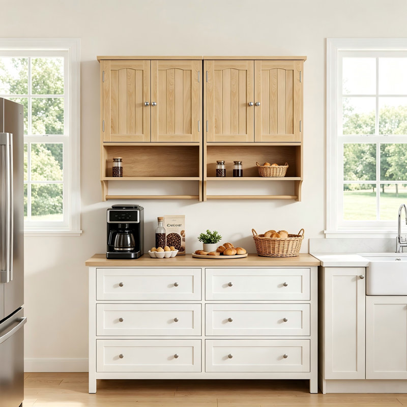 60 x 70 cm Oak Kitchen Wall Cabinet with Double Doors & Adjustable Shelf, Open Compartment & Rail 2-Piece Wall-Mounted Storage Cabinet for Dining Room Breakroom