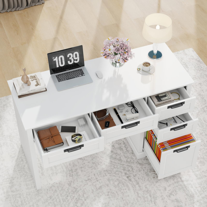55" Farmhouse Home Office Desk With File Drawer, White/White