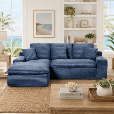 98.4" Corduroy Upholstered Modular Sofa, Compression Foam Bonless Sofa & Chaise with Cupholder and Side Pocket