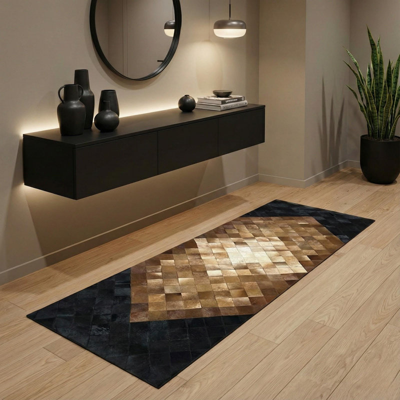 Tapis de couloir noir et brun en peau de vache, tapis de couloir à patchwork géométrique, Rectangle 10 pi x 14 pi