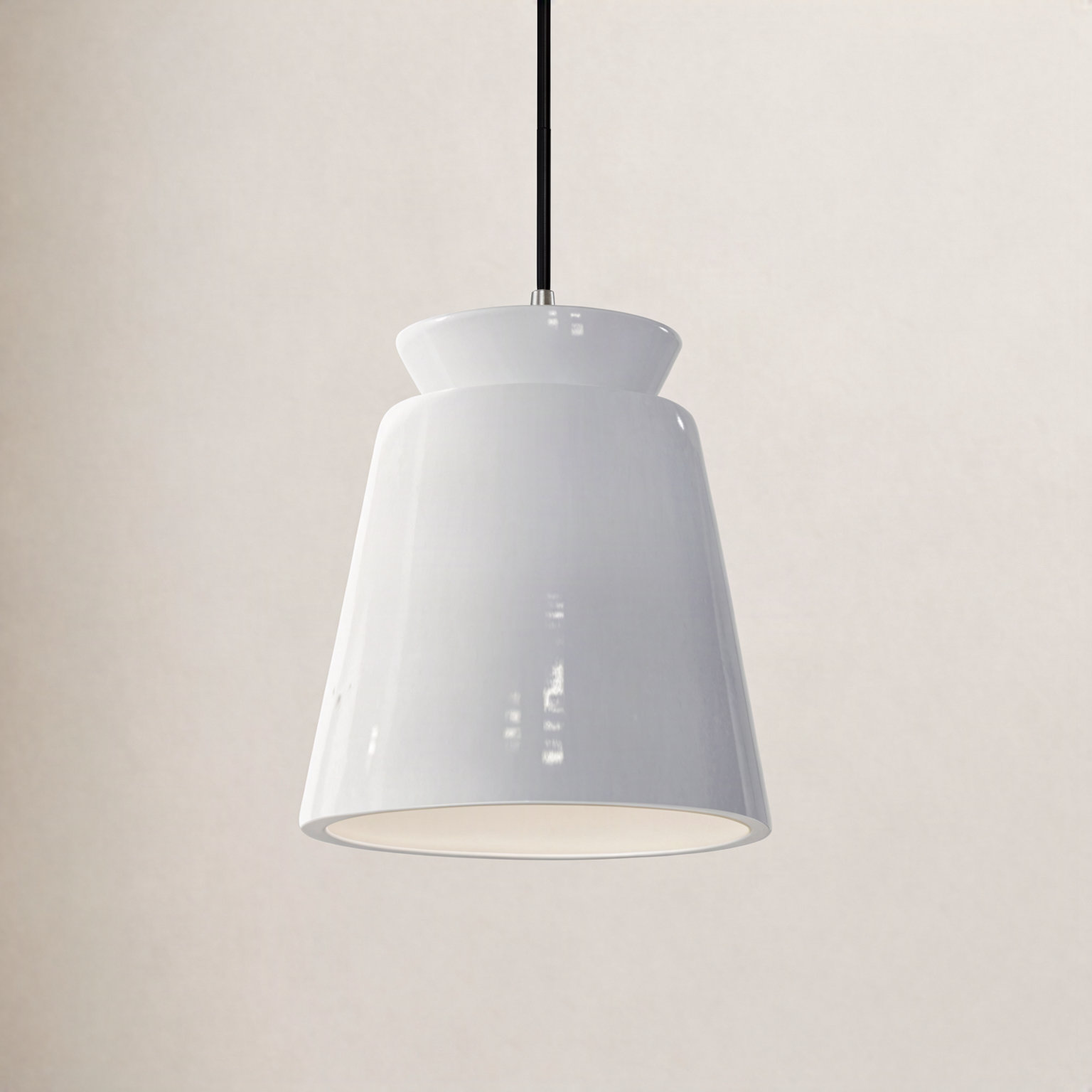 Logan Dimmable Cone Single Light Pendant, Gloss White, Polished Chrome, Incandescent (Not Included)
