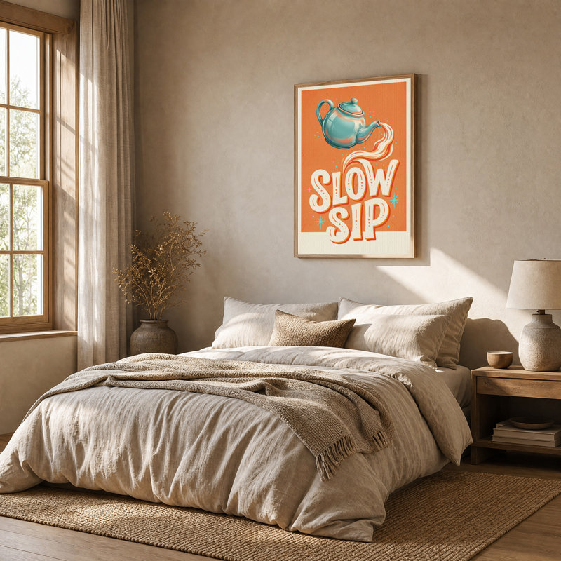 Tableau mural sur toile représentant une théière turquoise versant un thé sur une inscription « Slow Sip », avec une théière turquoise.